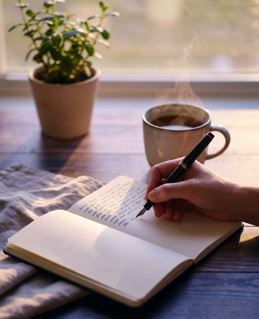 Una persona escribe con calma en un cuaderno, junto a una taza de té, en un momento de estructura y pausa.